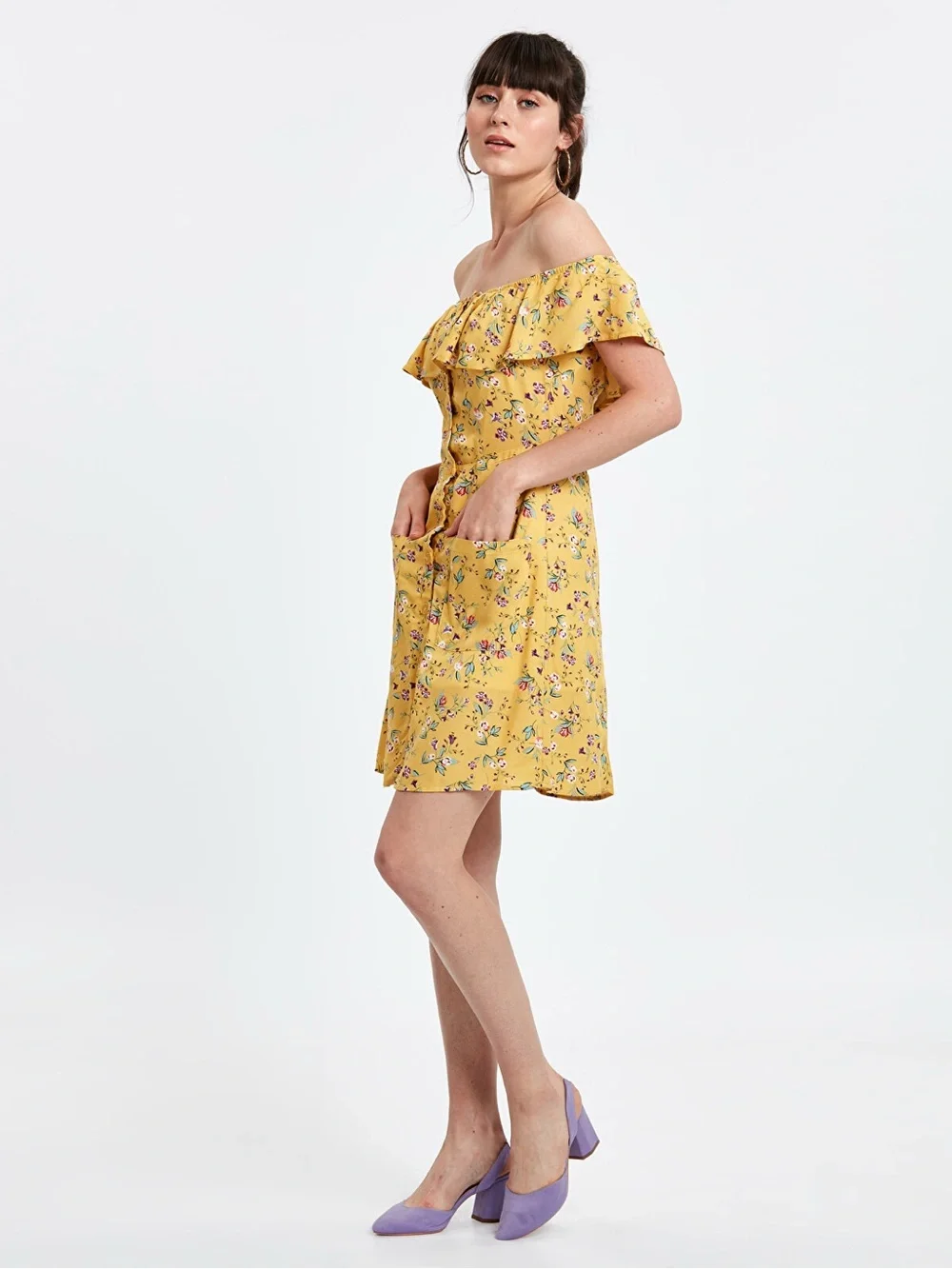 Topshop Yellow Floral Off-Shoulder Button-Front Mini Dress